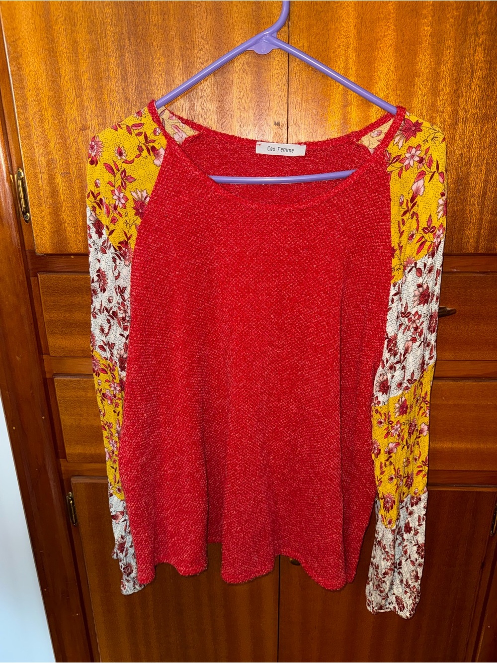Ces Femme Red Knit Top with Yellow Floral Raglan Sleeves